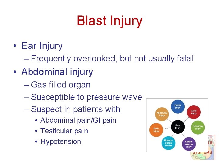 Blast Injury • Ear Injury – Frequently overlooked, but not usually fatal • Abdominal