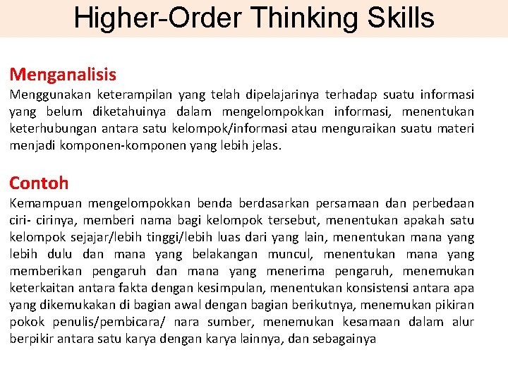 Higher-Order Thinking Skills Menganalisis Menggunakan keterampilan yang telah dipelajarinya terhadap suatu informasi yang belum