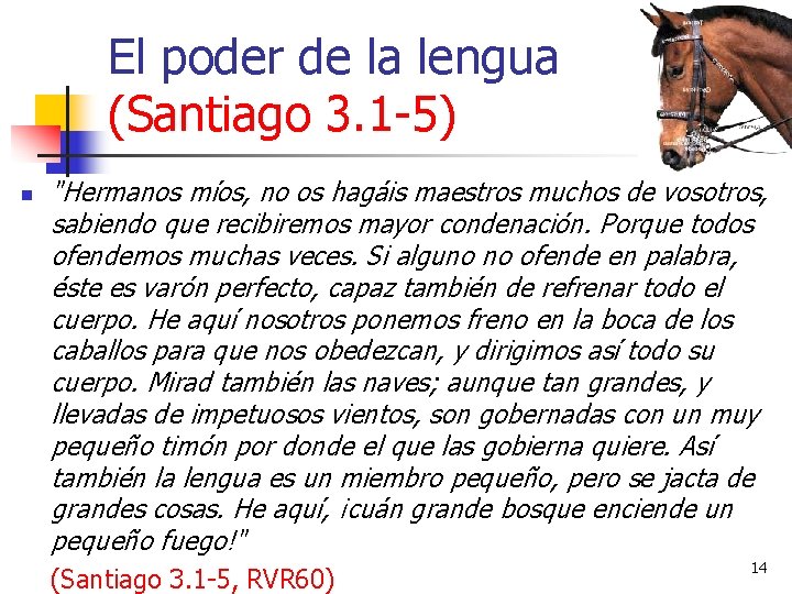 El poder de la lengua (Santiago 3. 1 -5) n "Hermanos míos, no os