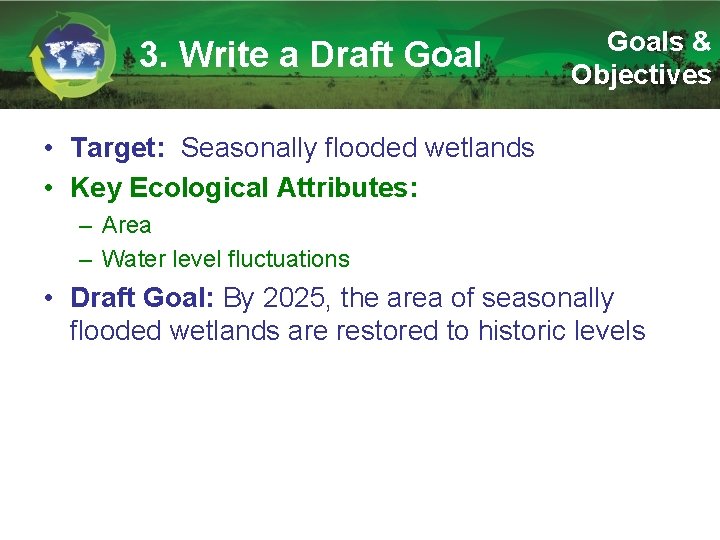 3. Write a Draft Goals & Objectives • Target: Seasonally flooded wetlands • Key