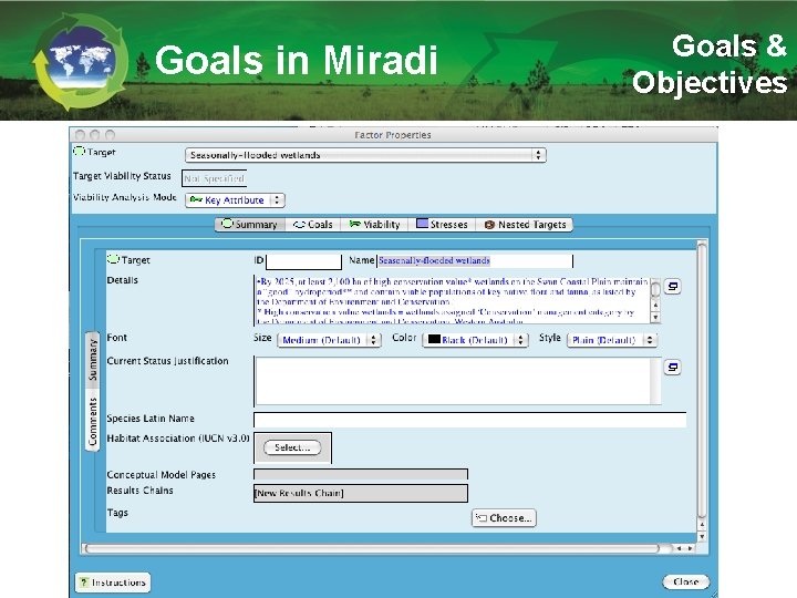 Goals in Miradi Goals & Objectives 