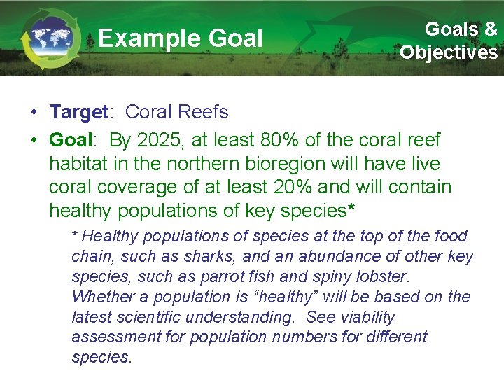 Example Goals & Objectives • Target: Coral Reefs • Goal: By 2025, at least