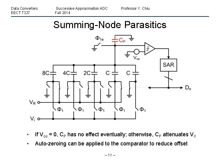 Data Converters EECT 7327 Successive Approximation ADC Fall 2014 Professor Y. Chiu Summing-Node Parasitics