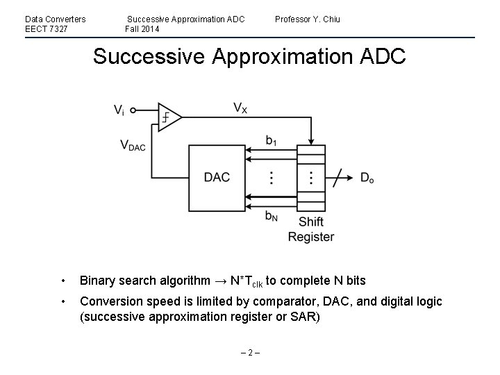 Data Converters EECT 7327 Successive Approximation ADC Fall 2014 Professor Y. Chiu Successive Approximation