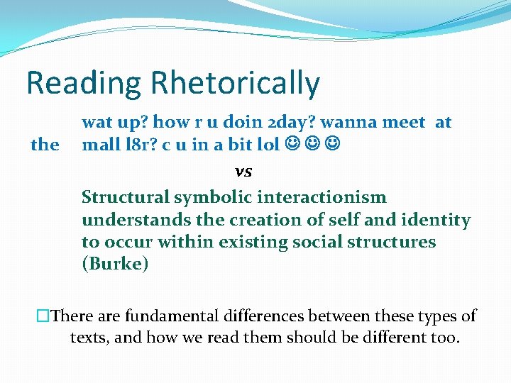 Reading Rhetorically the wat up? how r u doin 2 day? wanna meet at