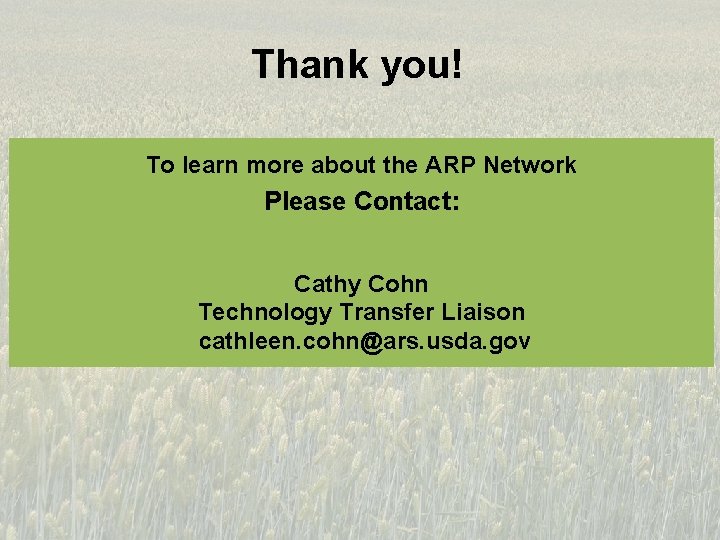 Thank you! To learn more about the ARP Network Please Contact: Cathy Cohn Technology