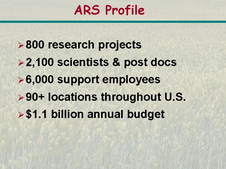 ARS Profile Ø 800 research projects Ø 2, 100 scientists & post docs Ø