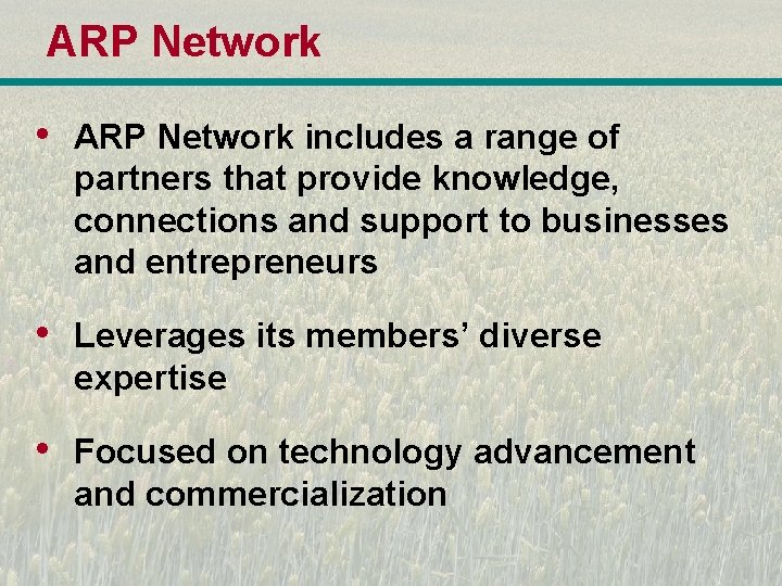 ARP Network • ARP Network includes a range of partners that provide knowledge, connections