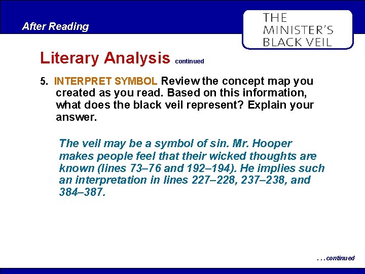 After Reading Literary Analysis continued 5. INTERPRET SYMBOL Review the concept map you created