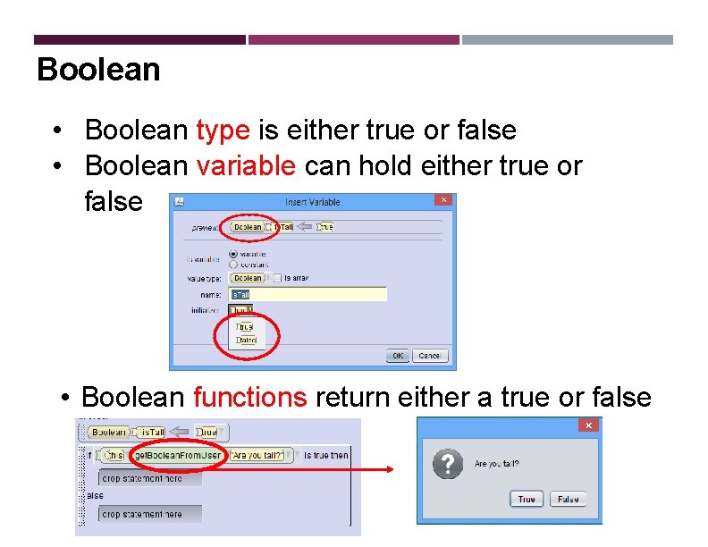 Boolean • Boolean type is either true or false • Boolean variable can hold