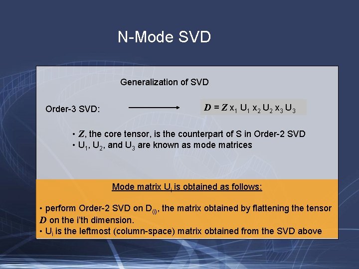 N-Mode SVD Generalization of SVD Order-3 SVD: D = Z x 1 U 1