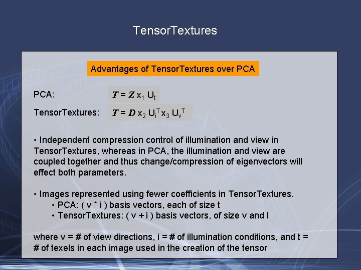 Tensor. Textures Advantages of Tensor. Textures over PCA: T = Z x 1 Ut