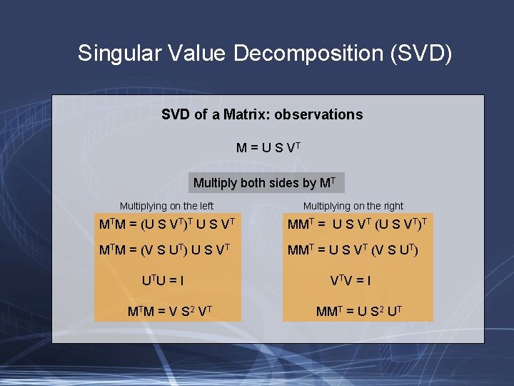 Singular Value Decomposition (SVD) SVD of a Matrix: observations M = U S VT