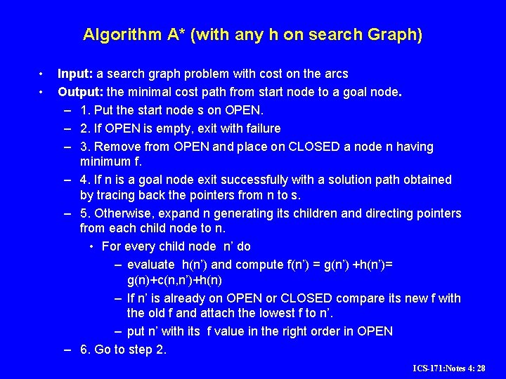 Algorithm A* (with any h on search Graph) • • Input: a search graph Algorithm A* (with any h on search Graph) • • Input: a search graph
