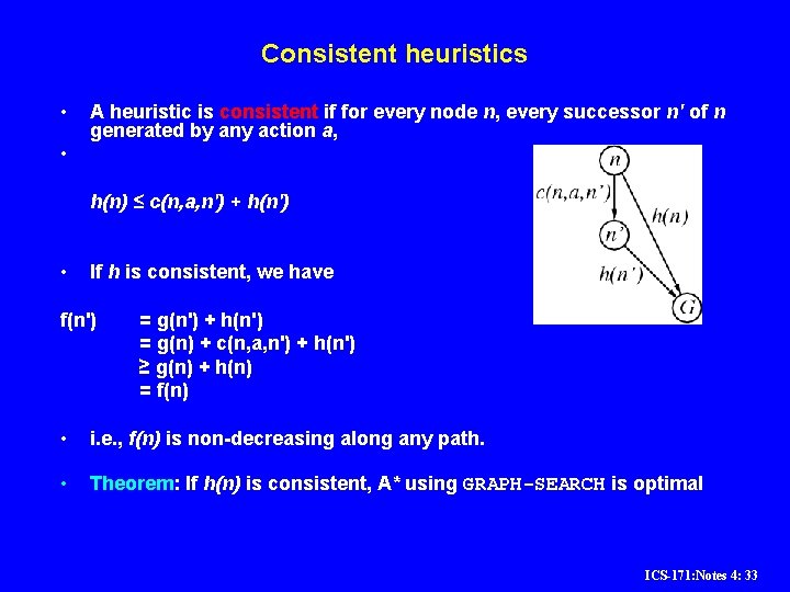 Consistent heuristics • A heuristic is consistent if for every node n, every successor Consistent heuristics • A heuristic is consistent if for every node n, every successor