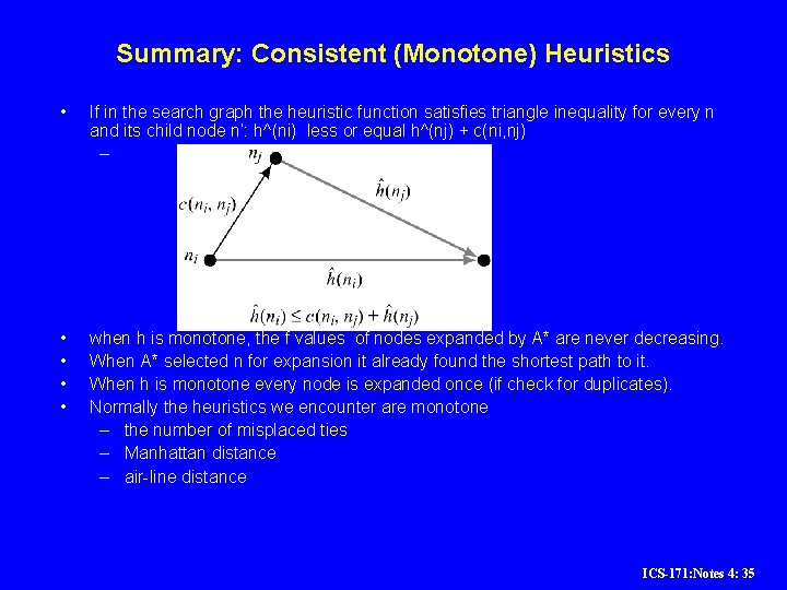 Summary: Consistent (Monotone) Heuristics • If in the search graph the heuristic function satisfies Summary: Consistent (Monotone) Heuristics • If in the search graph the heuristic function satisfies