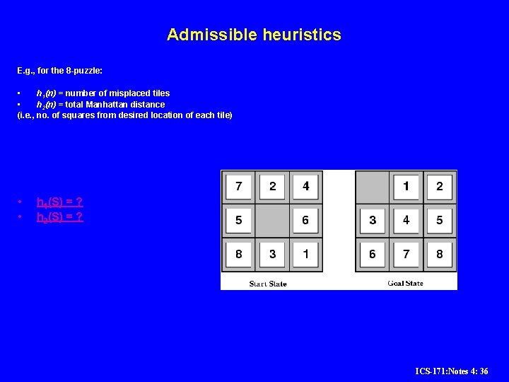 Admissible heuristics E. g. , for the 8 -puzzle: • h 1(n) = number Admissible heuristics E. g. , for the 8 -puzzle: • h 1(n) = number