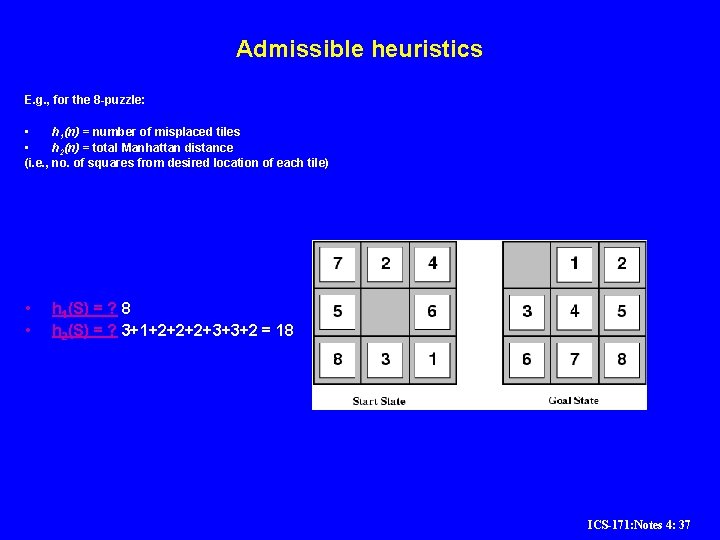 Admissible heuristics E. g. , for the 8 -puzzle: • h 1(n) = number Admissible heuristics E. g. , for the 8 -puzzle: • h 1(n) = number
