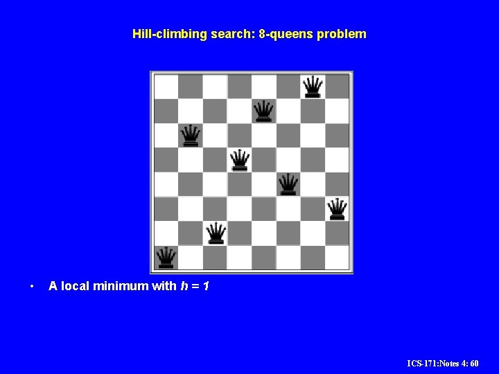 Hill-climbing search: 8 -queens problem • A local minimum with h = 1 ICS-171: Hill-climbing search: 8 -queens problem • A local minimum with h = 1 ICS-171: