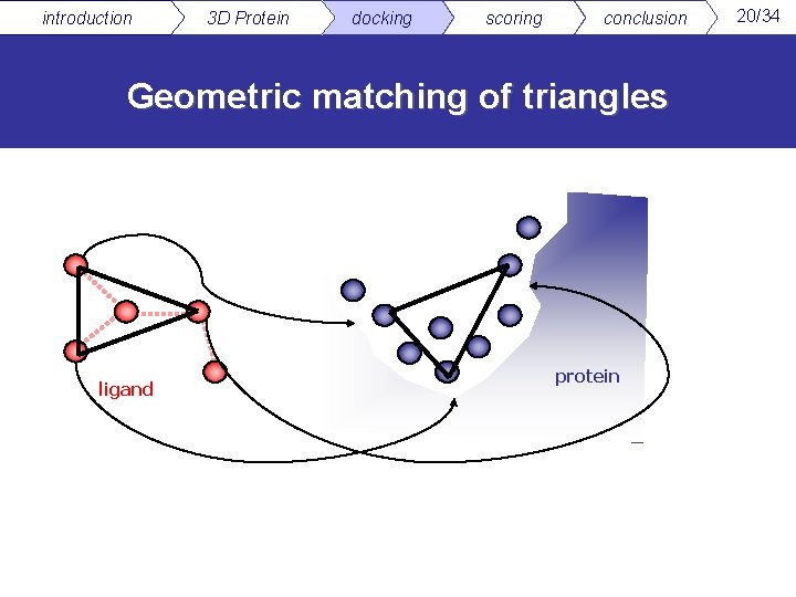 introduction 3 D Protein docking scoring conclusion Geometric matching of triangles ligand protein 20/34