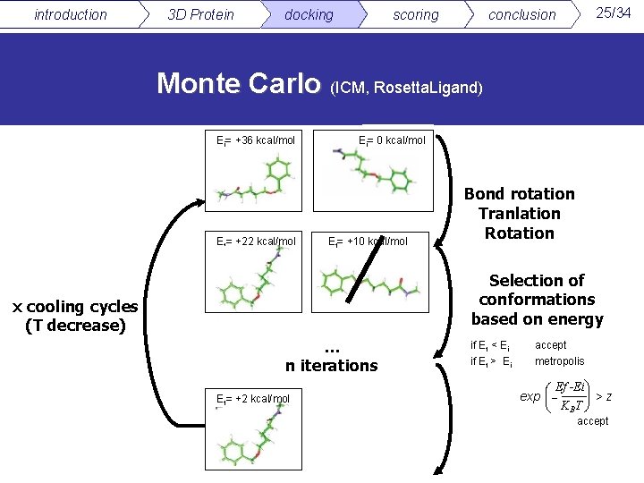 introduction 3 D Protein docking scoring 25/34 conclusion Monte Carlo (ICM, Rosetta. Ligand) Ei=