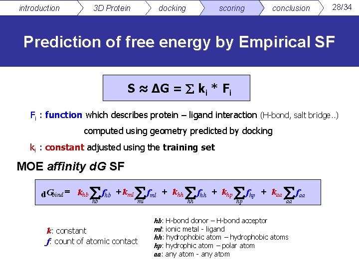 introduction 3 D Protein docking scoring conclusion 28/34 Prediction of free energy by Empirical