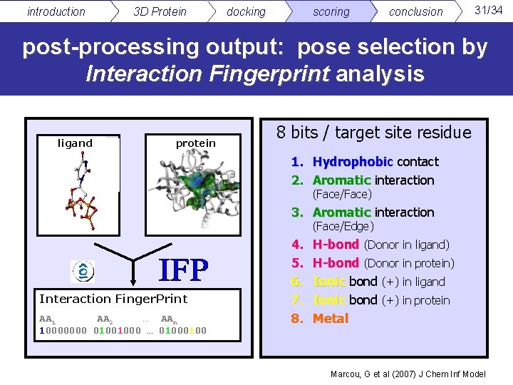 introduction 3 D Protein docking scoring conclusion 31/34 post-processing output: pose selection by Interaction