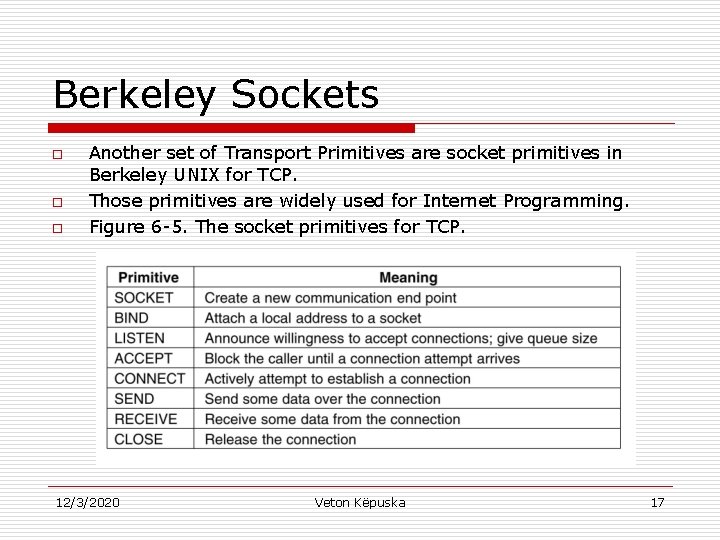 Berkeley Sockets o o o Another set of Transport Primitives are socket primitives in