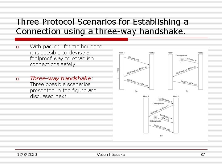 Three Protocol Scenarios for Establishing a Connection using a three-way handshake. o o With