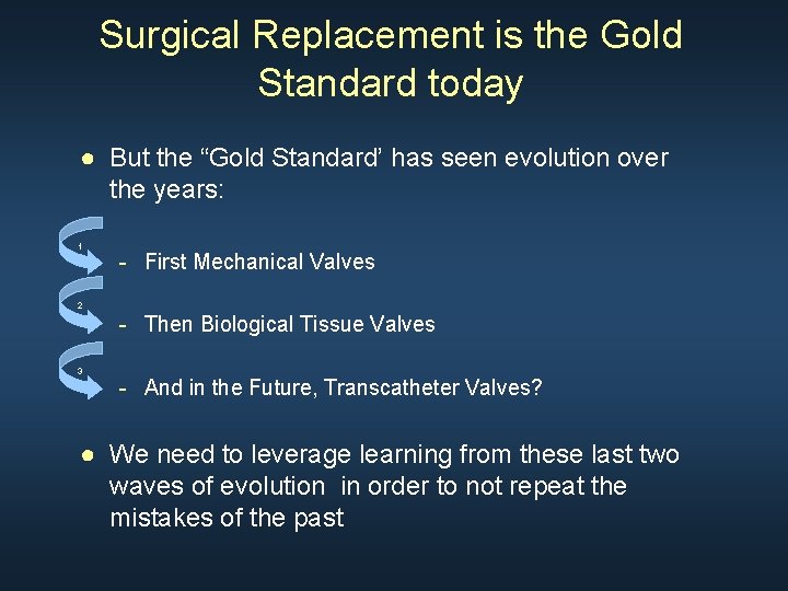 Surgical Replacement is the Gold Standard today ● But the “Gold Standard’ has seen Surgical Replacement is the Gold Standard today ● But the “Gold Standard’ has seen