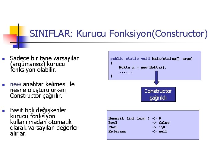 SINIFLAR: Kurucu Fonksiyon(Constructor) n n n Sadece bir tane varsayılan (argümansız) kurucu fonksiyon olabilir.