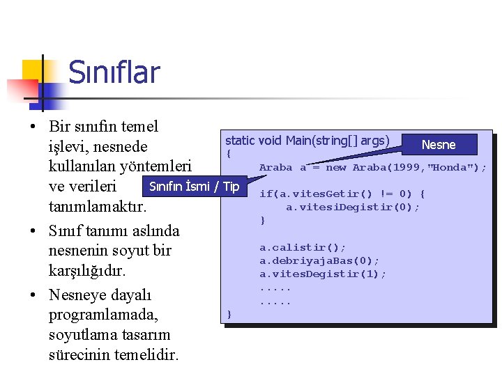 Sınıflar • Bir sınıfın temel static void Main(string[] args) Nesne işlevi, nesnede { Araba