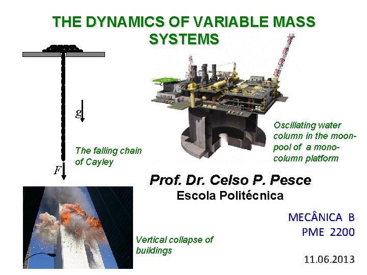 THE DYNAMICS OF VARIABLE MASS SYSTEMS g F Oscillating water column in the moonpool