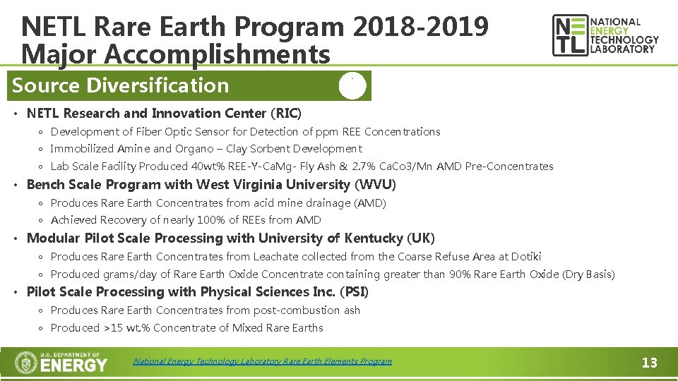 NETL Rare Earth Program 2018 -2019 Major Accomplishments Source Diversification • NETL Research and