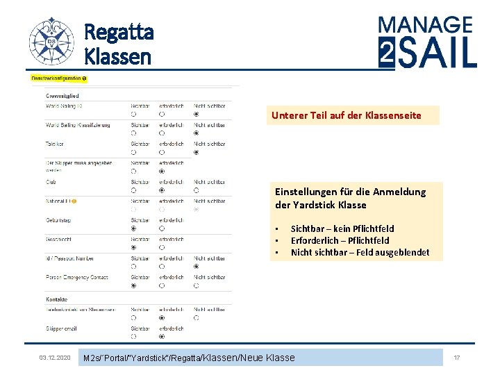 Regatta Klassen Unterer Teil auf der Klassenseite Einstellungen für die Anmeldung der Yardstick Klasse