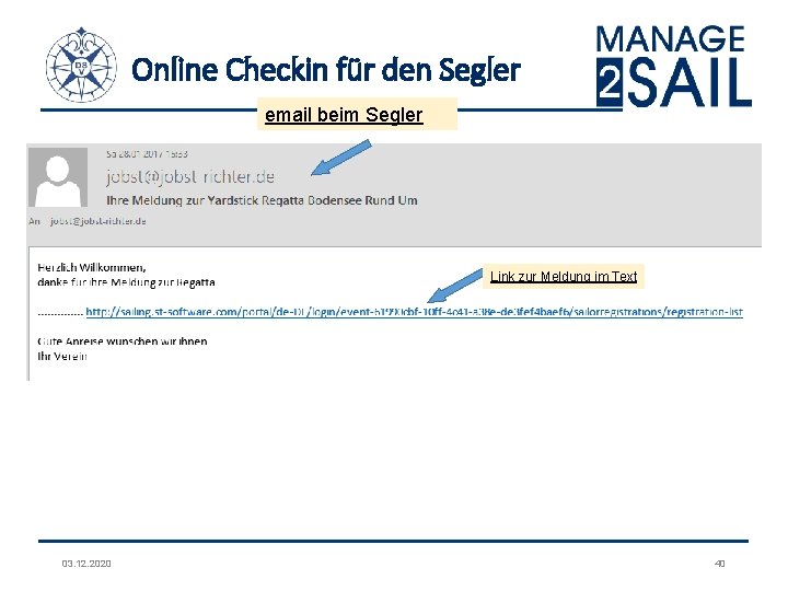 Online Checkin für den Segler email beim Segler Link zur Meldung im Text 03.