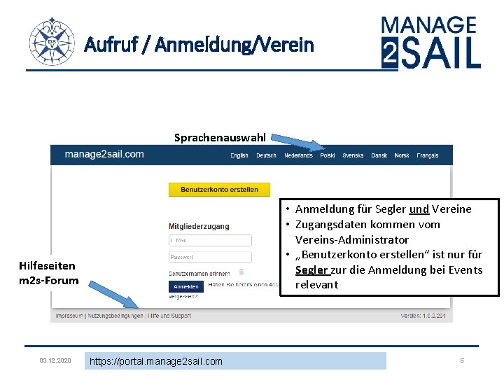 Aufruf / Anmeldung/Verein Sprachenauswahl • Anmeldung für Segler und Vereine • Zugangsdaten kommen vom