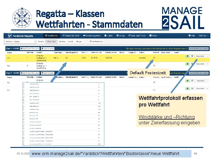 Regatta – Klassen Wettfahrten - Stammdaten Default Protestzeit Wettfahrtprotokoll erfassen pro Wettfahrt Windstärke und