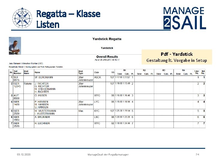 Regatta – Klasse Listen Pdf - Yardstick Gestaltung lt. Vorgabe in Setup 03. 12.