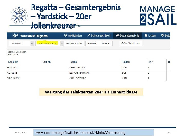 Regatta – Gesamtergebnis – Yardstick – 20 er Jollenkreuzer - Wertung der selektierten 20