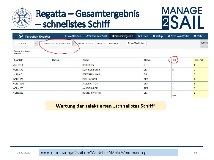 Regatta – Gesamtergebnis – schnellstes Schiff Wertung der selektierten „schnellstes Schiff“ 03. 12. 2020