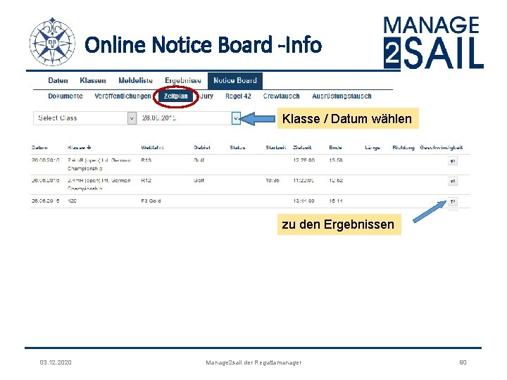 Online Notice Board -Info Klasse / Datum wählen zu den Ergebnissen 03. 12. 2020