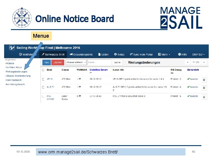 Online Notice Board Menue 03. 12. 2020 www. orm. manage 2 sail. de/Schwarzes Brett/