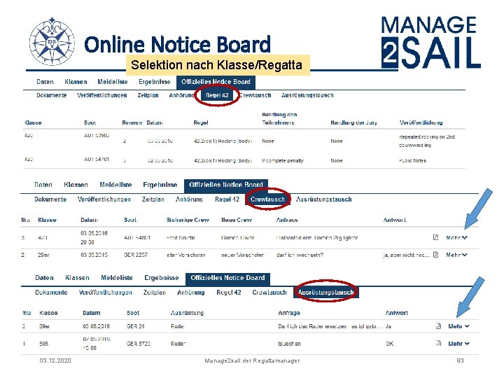 Online Notice Board Selektion nach Klasse/Regatta 03. 12. 2020 Manage 2 sail der Regattamanager