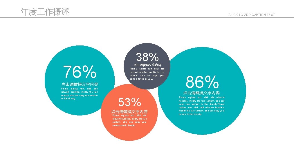 年度 作概述 76% CLICK TO ADD CAPTION TEXT 38% 点击请替换文字内容 Please replace text, click
