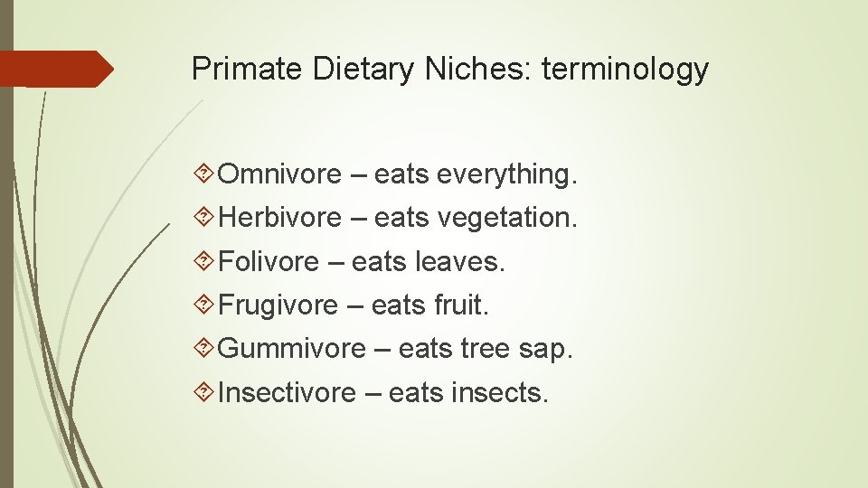 Primate Dietary Niches: terminology Omnivore – eats everything. Herbivore – eats vegetation. Folivore –