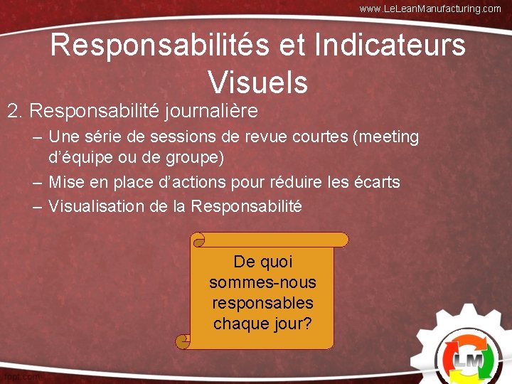 www. Lean. Manufacturing. com Responsabilités et Indicateurs Visuels 2. Responsabilité journalière – Une série