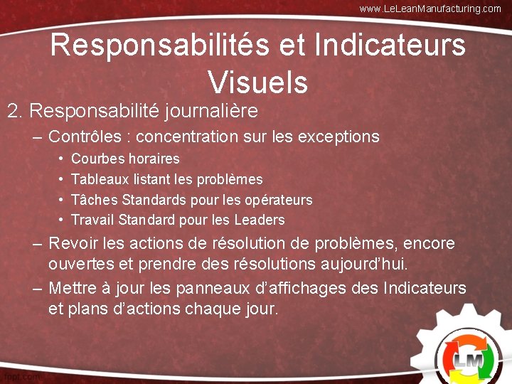 www. Lean. Manufacturing. com Responsabilités et Indicateurs Visuels 2. Responsabilité journalière – Contrôles :