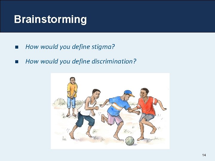 Brainstorming n How would you define stigma? n How would you define discrimination? 14