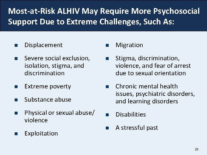 Most-at-Risk ALHIV May Require More Psychosocial Support Due to Extreme Challenges, Such As: n